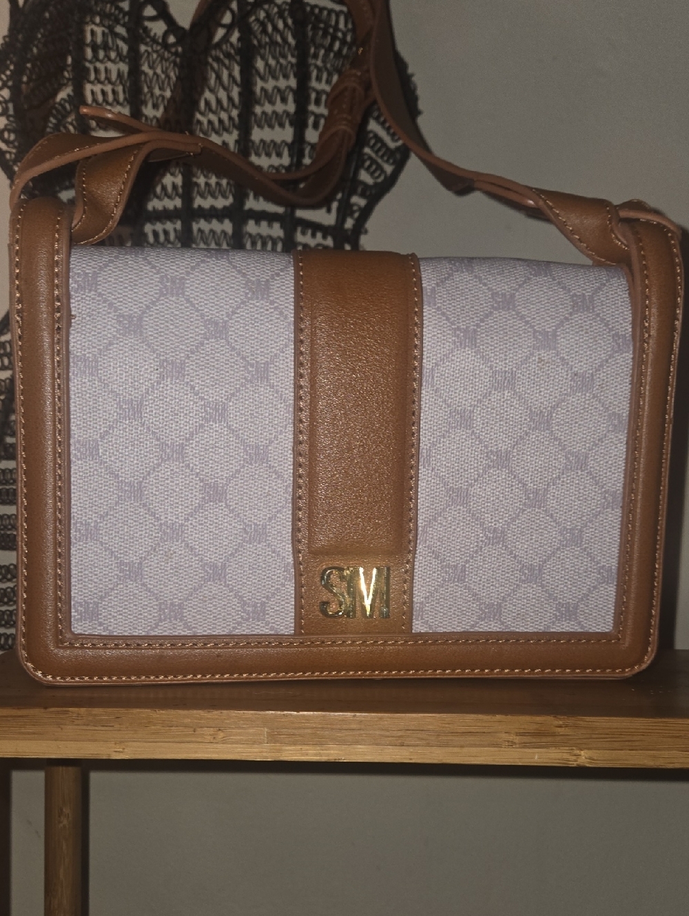 Steve Madden Tan Trim Light Gray Logo Shoulder Bag